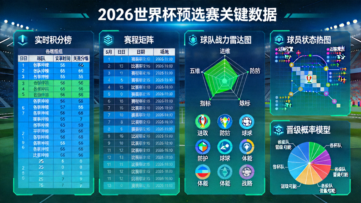 信息图展示2026世界杯预选赛关键数据维度，包括实时积分榜、赛程矩阵、球队战力雷达图、球员状态热图、晋级概率模型等五个核心板块